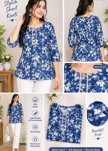 Stylish Blue Floral Print Short Kurti