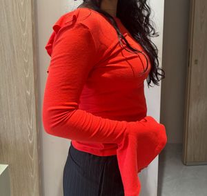 Red Bell Sleeve Ribbed Top