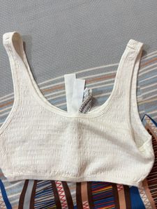 Cream Smocked Sports Bra