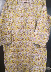 New Light Yellow Floral Print Cotton Kurta