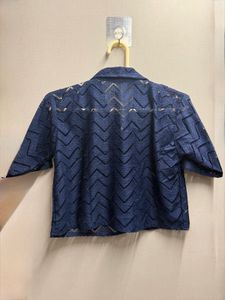 Navy Blue Chevron Patterned Button-Up Top