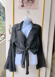 Sheer Bell Sleeve Tie Front Shirt