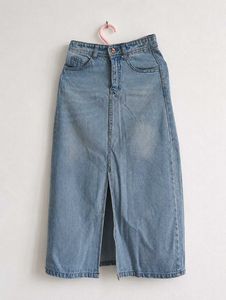 Blue Denim Maxi Skirt with Front Slit