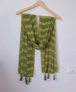 Green Striped Tassel Scarf