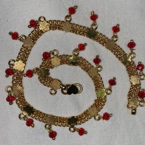 Gold Anklets with Red Beads