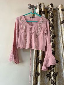 Pink Bell Sleeve Crochet Trim Top