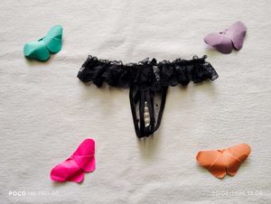 Black Lace Thong with Pearls