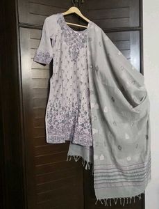 Grey Printed Kurta with Dupatta
