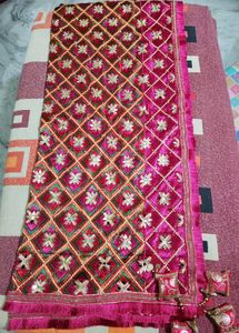 (Amritsari Phulkari) Embroidered Pink Dupatta