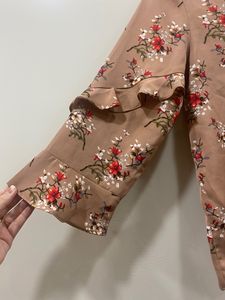 Madame Women Brown Floral Print Tie-Up Neck Top