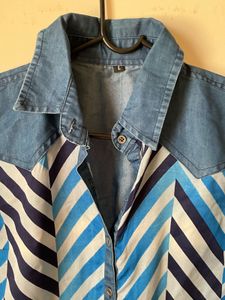 Blue Striped Sleeveless Denim Collar Top