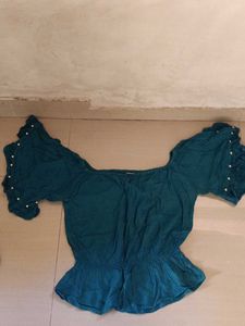 Teal Off-Shoulder Top with Pearl Embellishments