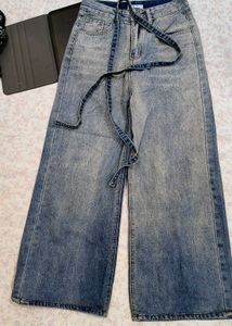 Wide Leg Denim Jeans with Tie Belt and rhinestone.