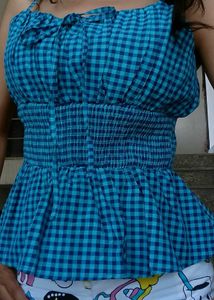 Blue Gingham Smocked Peplum Top