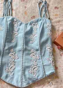 Sky Blue Corset Top with White Embroidery