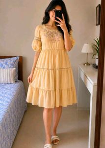 Chic Tiered Yellow Dress with Floral Embroidery
