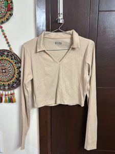 Beige Collared Crop Top