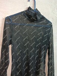 Sheer Turtleneck Top with All-Over Logo Print