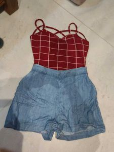 Red Plaid Crop Top with Denim Shorts Set