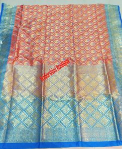New Orange &amp; Blue Silk Banarasi Saree with bp