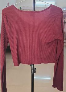 Maroon Ribbed Button-Up Crop Top