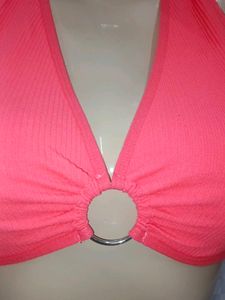 (1013)Bright Pink Ring Detail Halter Bikini Top