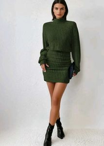 olive solide high neck sweater dress