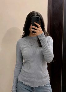 Light Blue Ribbed Mock Neck Top