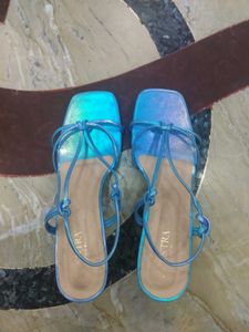 Blue Strappy Square Toe Heels