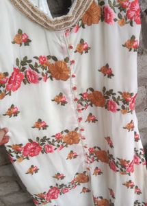 white kurti with pink flora design