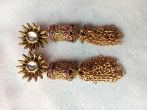 Golden Tassel Earrings with Pink Stones