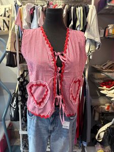 Red Gingham Heart Pocket Vest
