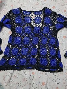 Crocheted Blue &amp; Black Cardigan