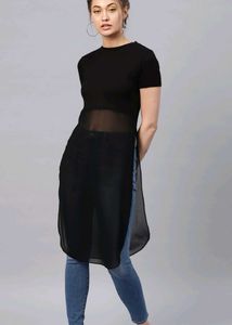 Chic Black Sheer Overlay Tunic Top