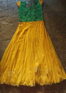 Yellow Net Gown with Green Floral Bodice