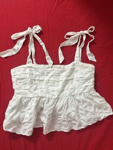 H&M White Tie-Strap Peplum Top