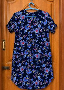 Navy Blue Floral Print short Kurtha/Tunic