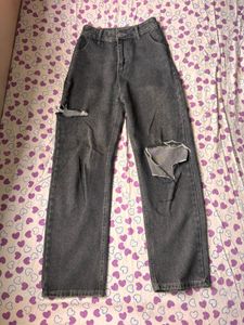 Grey Ripped Wide Leg Jeans