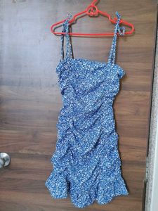 Blue Floral Ruched Mini Dress