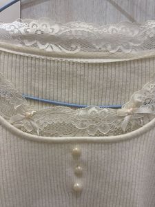 Cream Ribbed Lace Trim Top