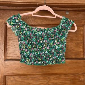 Green Floral Smocked Off-Shoulder Top