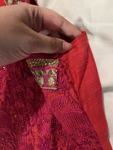 Pink Red Gold Halter Kurti &amp; Dupatta