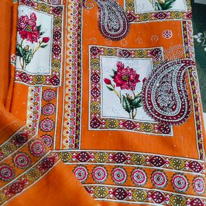 Vibrant Orange Floral Print Dress Material