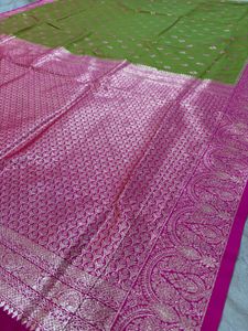 Beautiful Olive Green Saree with Pink Border