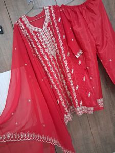 Red Embroidered Kurta Set with Palazzo
