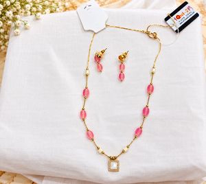 Chic Pink Beaded Necklace & Earrings Set
