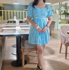 Blue Gingham Puff Sleeve Dress