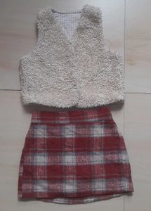 Cozy Fleece Vest & Plaid Skirt Set