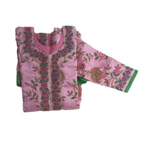 Embroidered Pink Kurta Set with Green Skirt