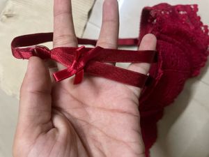 Beige Ribbed Crop Top &amp; Red Lace Bra Set